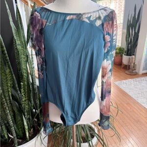 Floral Mesh Sleeve Blue Leotard
